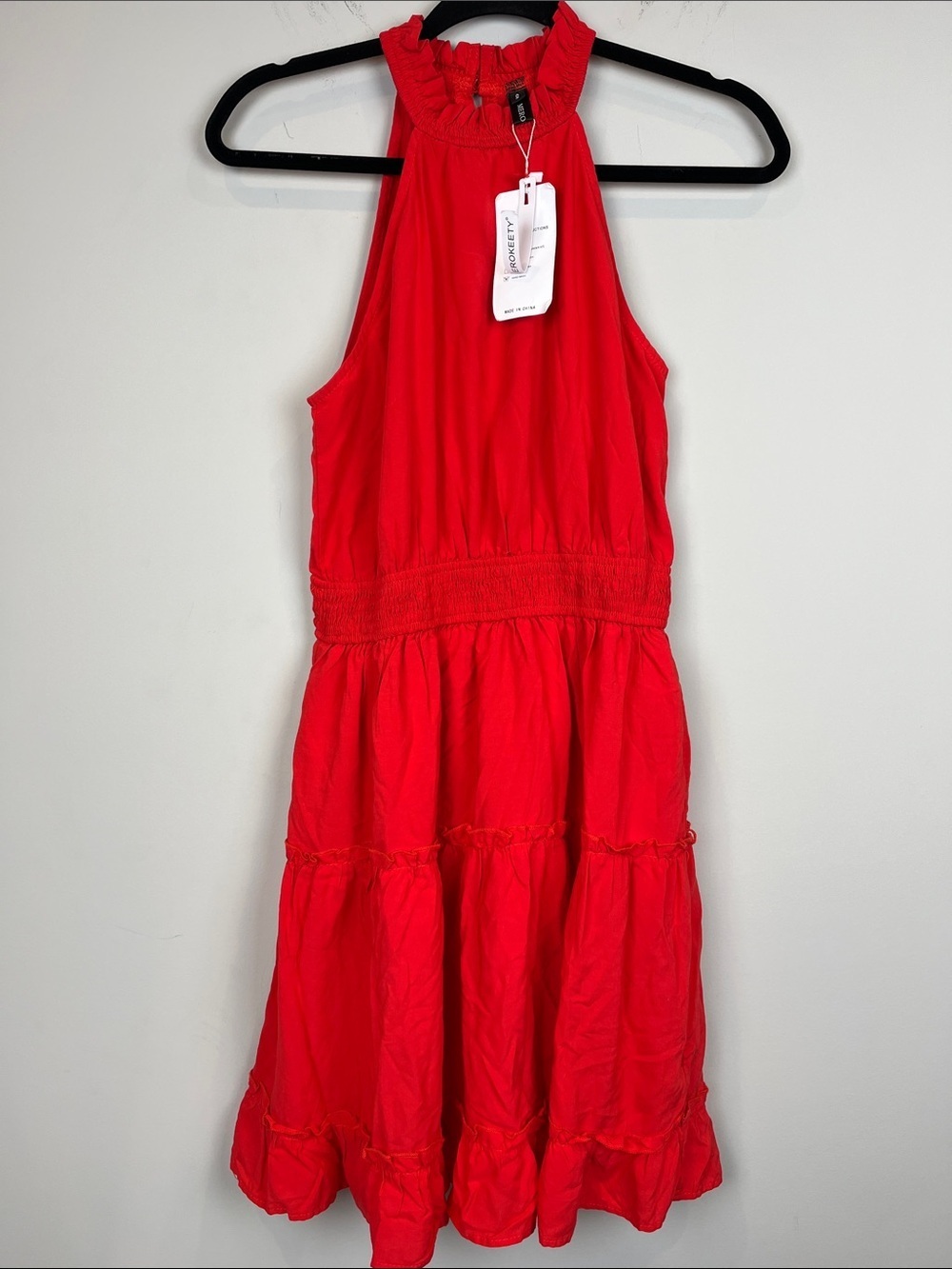 NWT MEROKEETY Halter Neck A-Line Swing Mini Dress Red Size Small